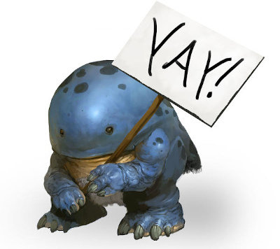 Quaggan holding a sign with the text 'Yay!'