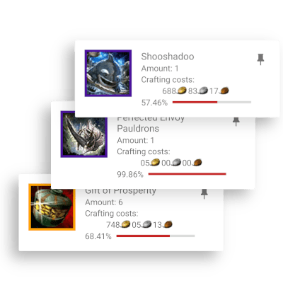 Material cards showing the crafting progress of different items