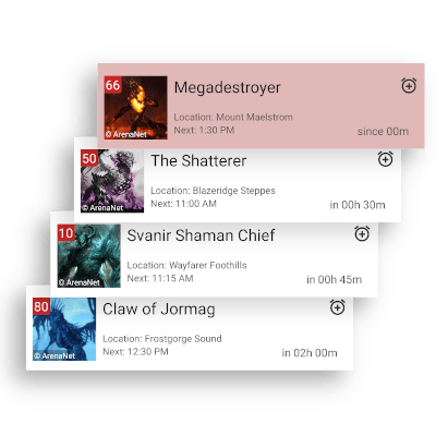 Material cards showing world boss events and when the event will start